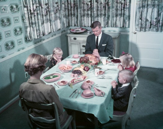 1950s Family Of 5 Saying Grace Before Thanksgiving Turkey Dinner Mother Father 3 Children