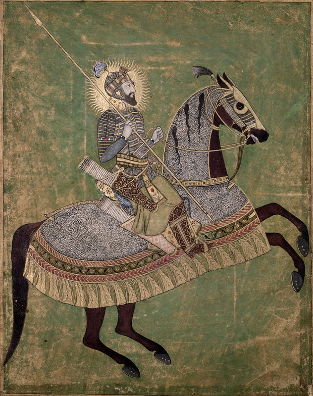 Mughal Emperor Aurangzeb mounted on a horse, and ready for battle, 1660s