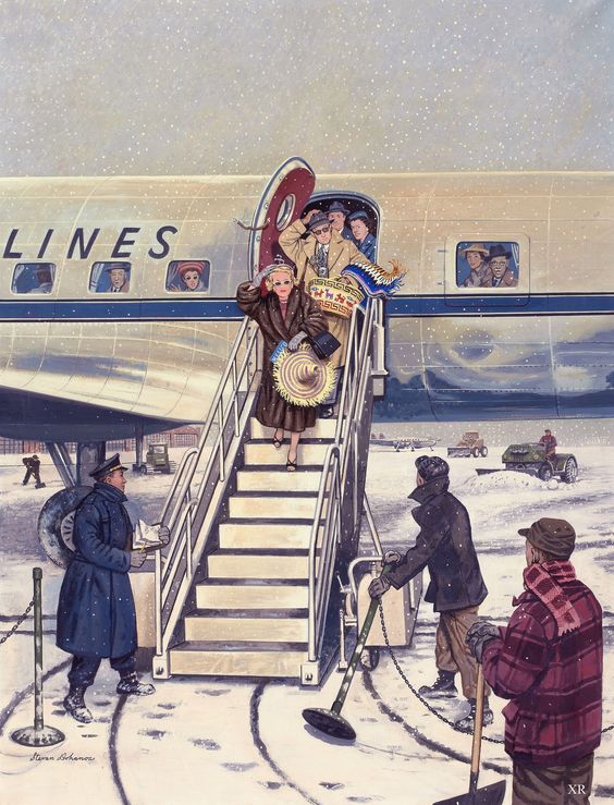 Arriving back into winter after a holiday in Mexico, 1950s