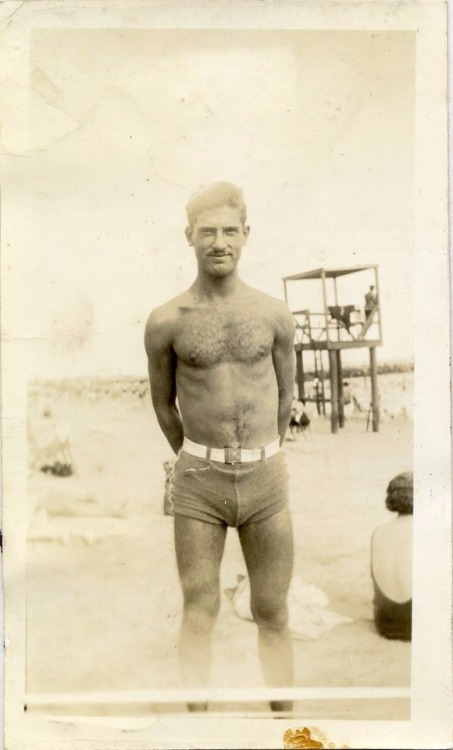 Vintage shirtless man at the beach