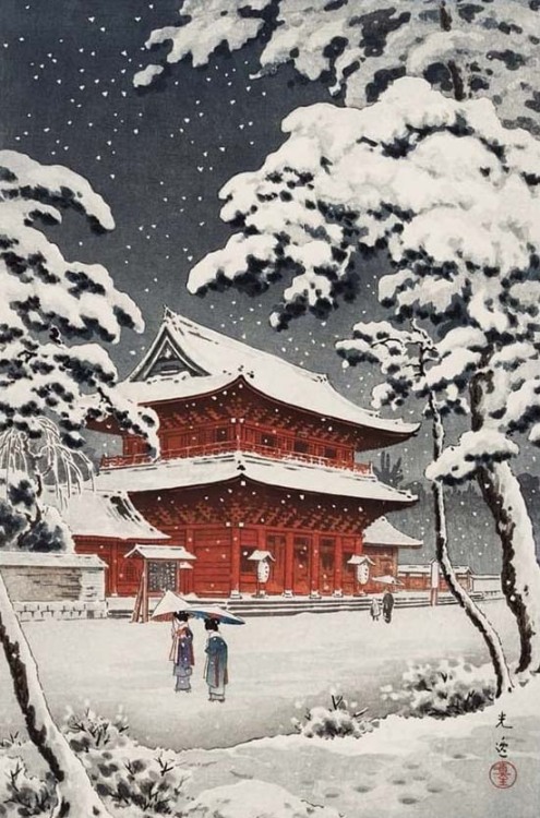 Japanese shrine in snow, by Tsuchiya Kōitsu, 1933